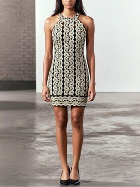 Joseph Ribkoff Black Gold Sparkle Lace Halter Bodycon Dress Size 12 Mini Vintage